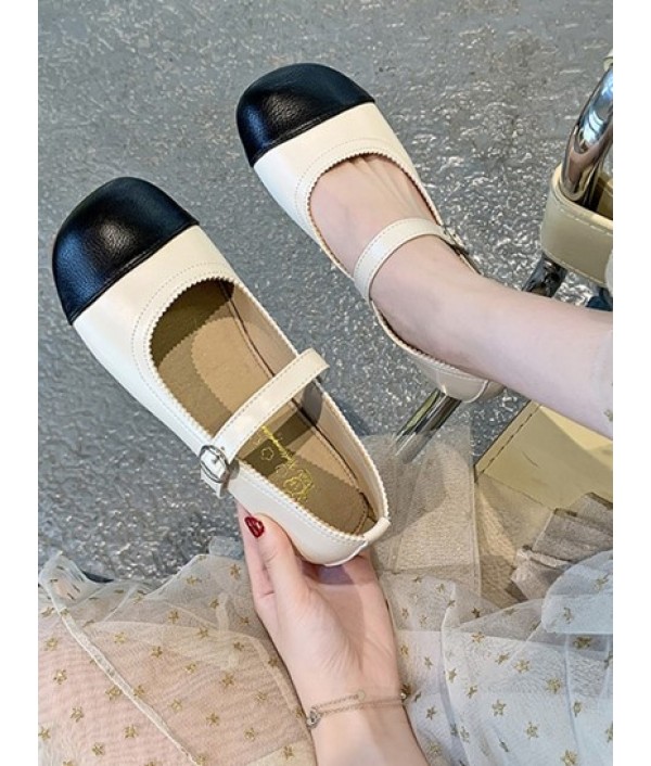 Colorblock Round Toe Buckle Strap Faux Leather Shoes