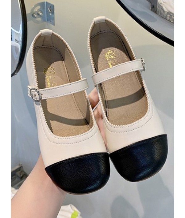Colorblock Round Toe Buckle Strap Faux Leather Shoes