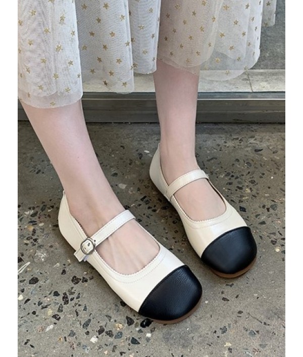 Colorblock Round Toe Buckle Strap Faux Leather Shoes